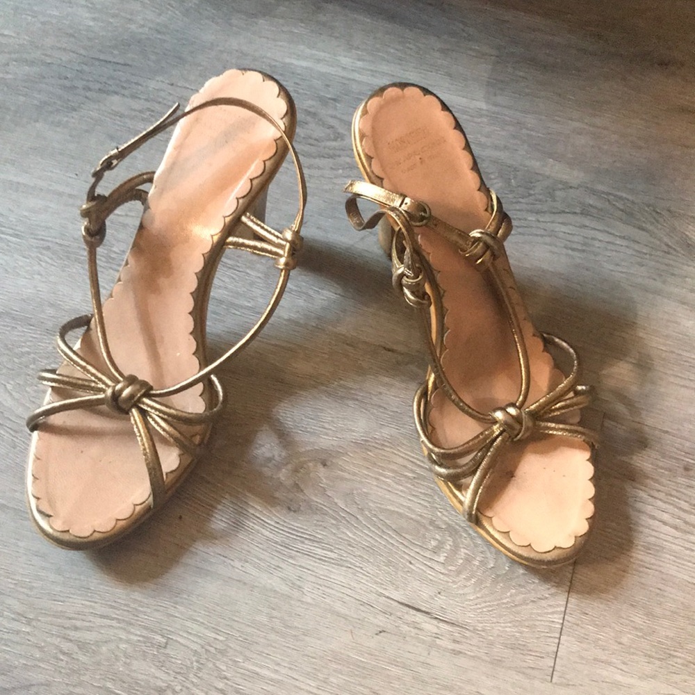 Moschino gold leather and wood heel sandals